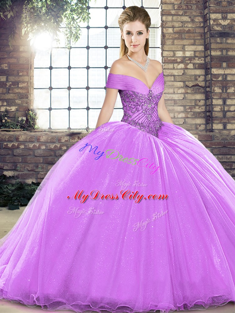 Attractive Ball Gowns Sleeveless Lavender 15 Quinceanera Dress Brush Train Lace Up