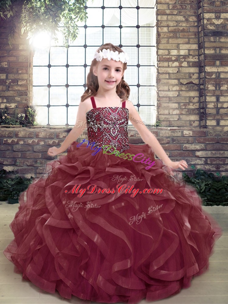 Charming Floor Length Lace Up Glitz Pageant Dress Burgundy for Party and Military Ball and Wedding Party with Beading and Ruffles