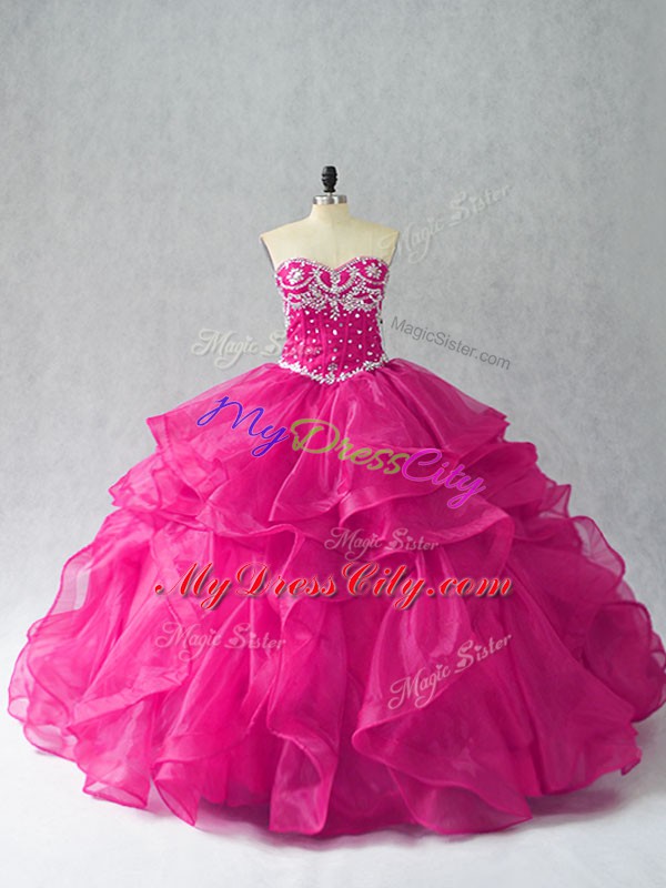 Sweetheart Sleeveless 15th Birthday Dress Floor Length Beading and Ruffles Fuchsia Organza