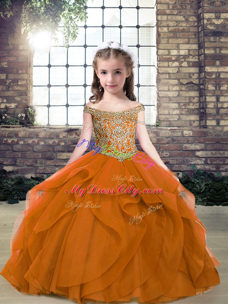 Latest Orange Organza and Tulle Lace Up Kids Formal Wear Sleeveless Floor Length Beading