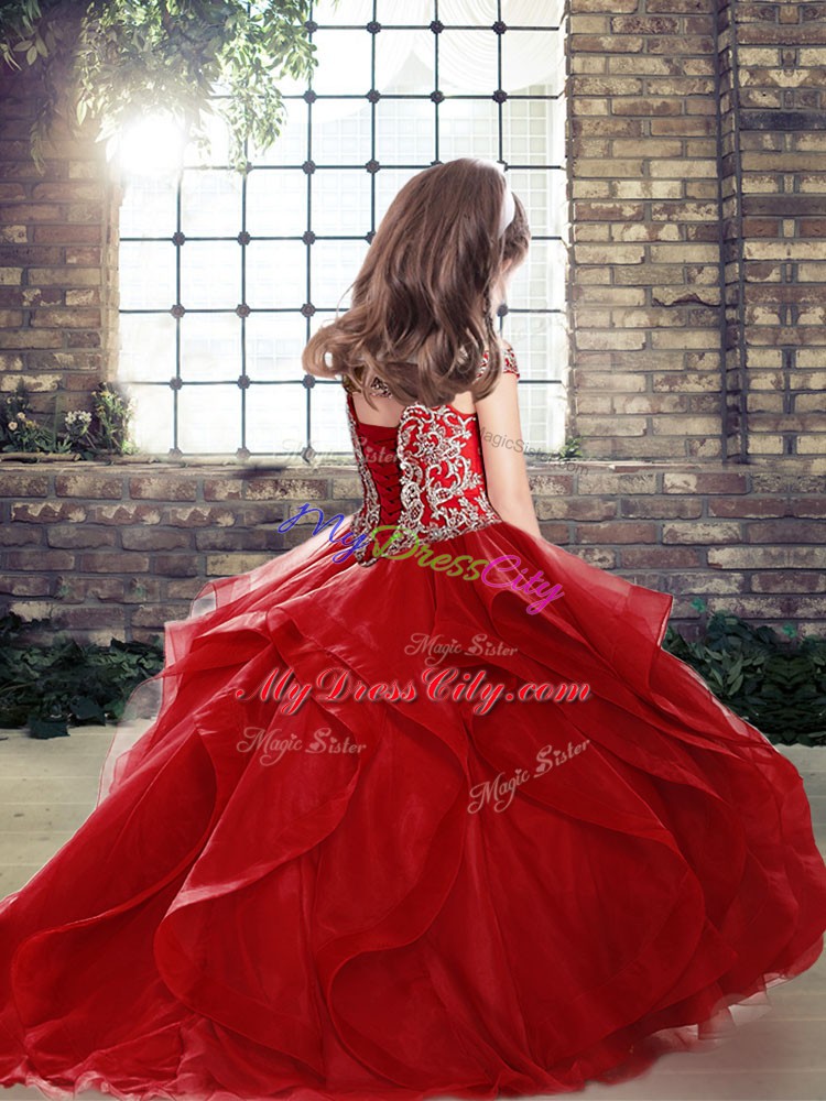 Latest Orange Organza and Tulle Lace Up Kids Formal Wear Sleeveless Floor Length Beading