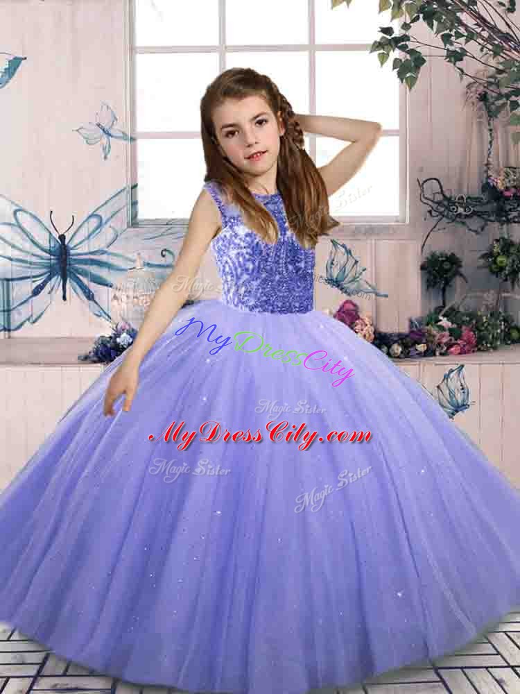 Classical Lavender Tulle Lace Up High School Pageant Dress Sleeveless Floor Length Beading