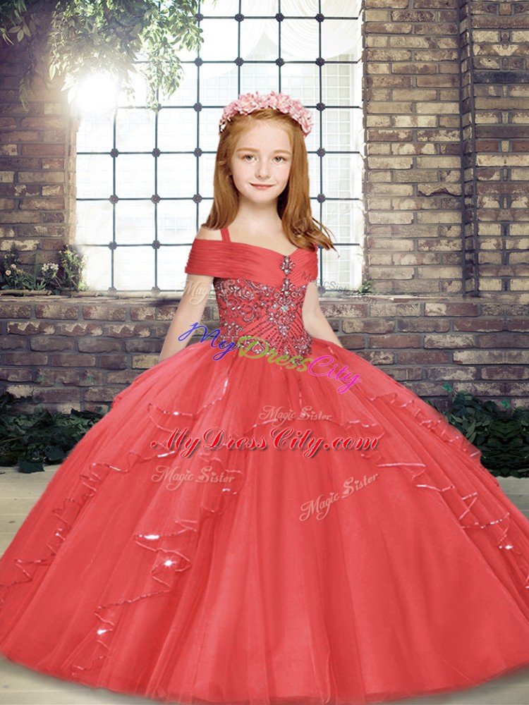 Hot Sale Coral Red Lace Up Pageant Gowns Beading and Ruffles Sleeveless Floor Length