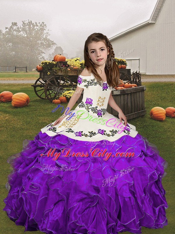 Superior Floor Length Purple Pageant Dress Womens Organza Sleeveless Embroidery and Ruffles