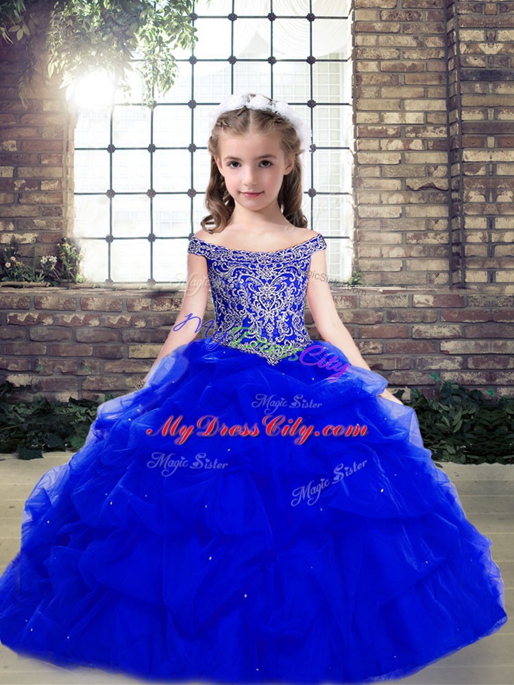 Admirable Royal Blue Ball Gowns Organza Scoop Sleeveless Beading and Pick Ups Floor Length Lace Up Little Girls Pageant Dress