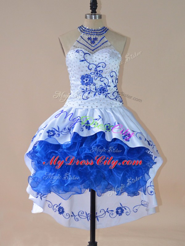 High Low Royal Blue Prom Dresses Halter Top Sleeveless Lace Up