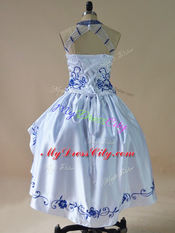 High Low Royal Blue Prom Dresses Halter Top Sleeveless Lace Up