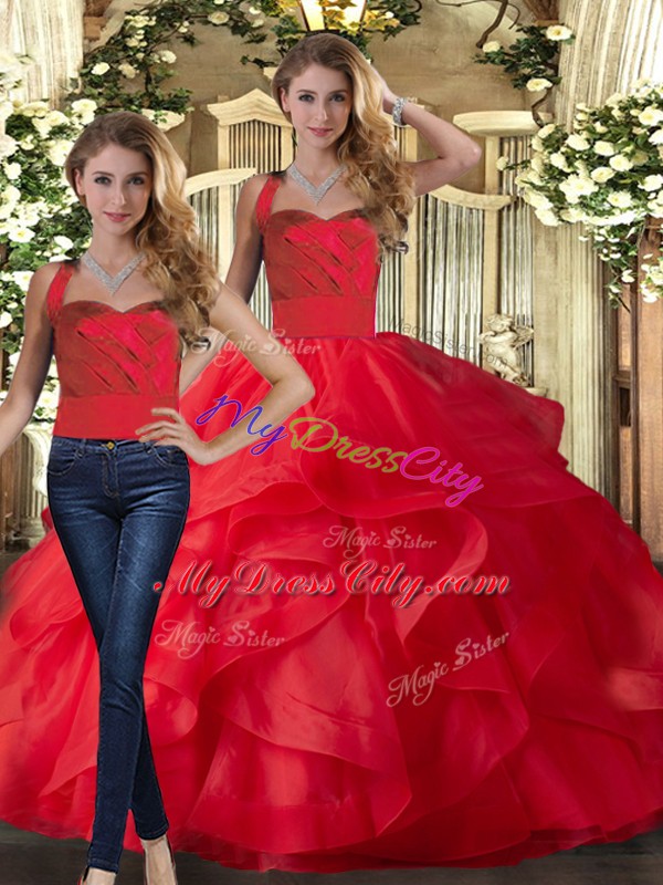 Sleeveless Tulle Floor Length Lace Up 15 Quinceanera Dress in Red with Ruffles