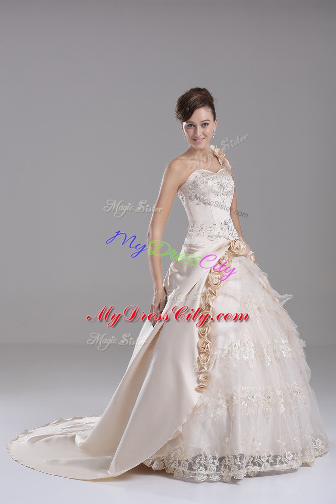 Customized Champagne Satin Lace Up One Shoulder Sleeveless Vestidos de Quinceanera Brush Train Embroidery and Hand Made Flower