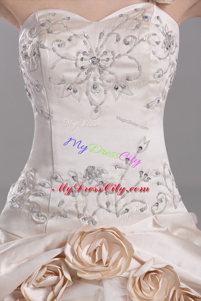 Customized Champagne Satin Lace Up One Shoulder Sleeveless Vestidos de Quinceanera Brush Train Embroidery and Hand Made Flower