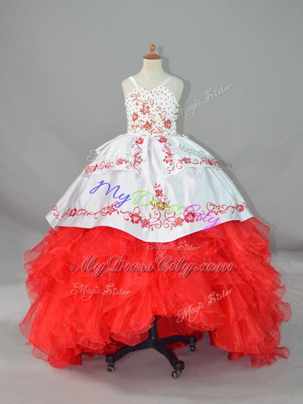 Unique White And Red Sleeveless Beading and Embroidery and Ruffles Lace Up Kids Formal Wear