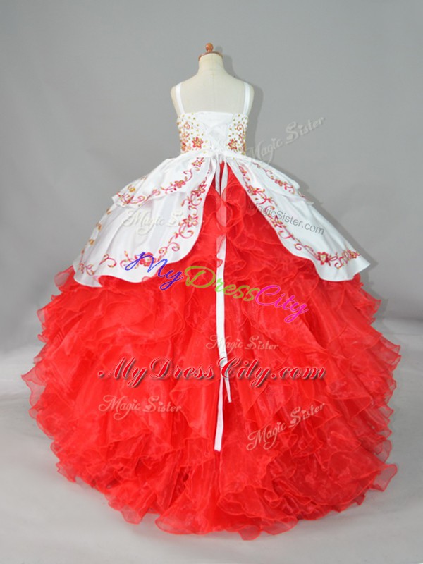 Unique White And Red Sleeveless Beading and Embroidery and Ruffles Lace Up Kids Formal Wear