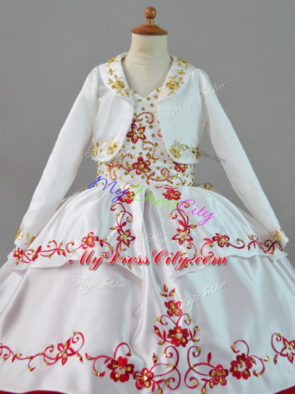 Unique White And Red Sleeveless Beading and Embroidery and Ruffles Lace Up Kids Formal Wear