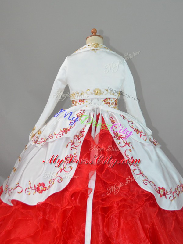 Unique White And Red Sleeveless Beading and Embroidery and Ruffles Lace Up Kids Formal Wear