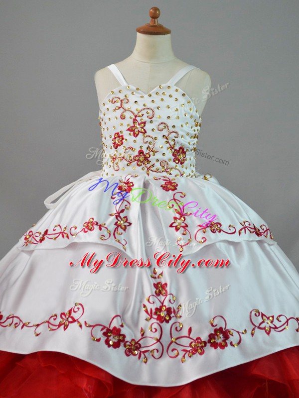 Unique White And Red Sleeveless Beading and Embroidery and Ruffles Lace Up Kids Formal Wear