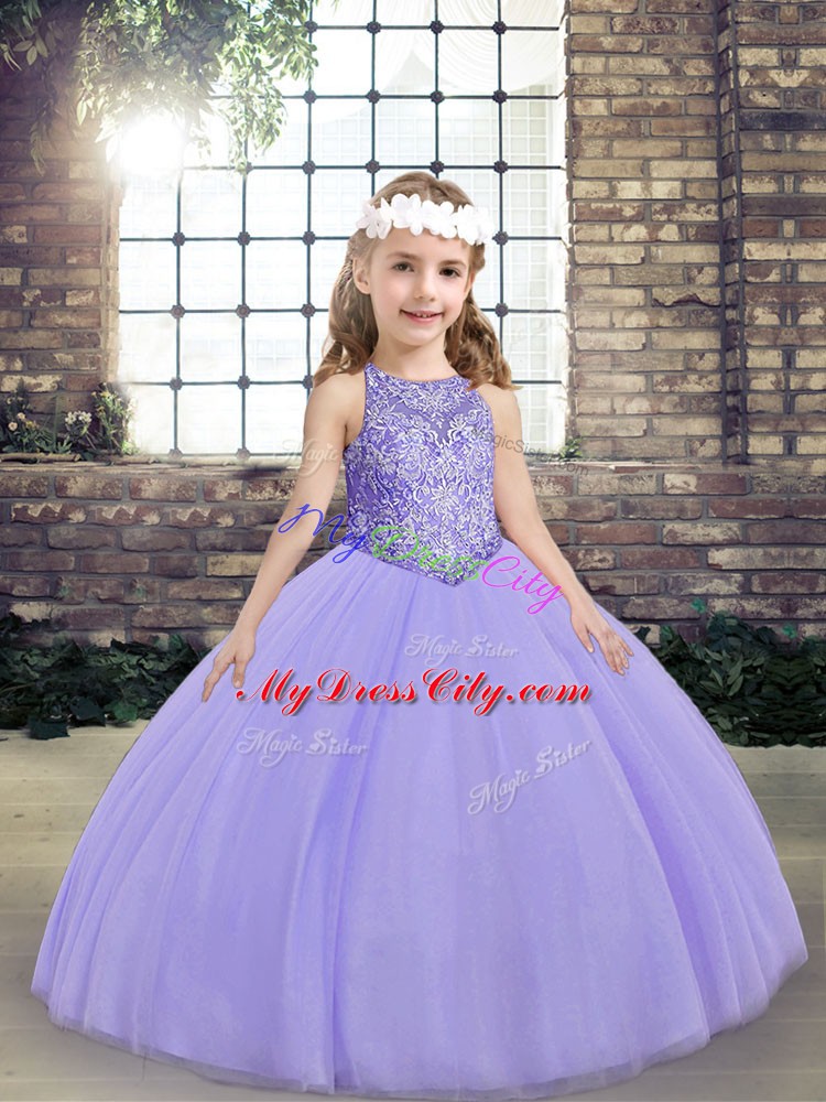 Customized Sleeveless Tulle Floor Length Lace Up Little Girls Pageant Dress in Lavender with Beading