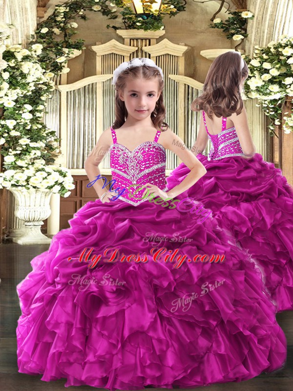 Stunning Organza Straps Sleeveless Lace Up Beading and Ruffles Little Girls Pageant Dress Wholesale in Fuchsia