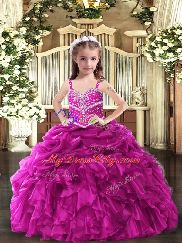 Stunning Organza Straps Sleeveless Lace Up Beading and Ruffles Little Girls Pageant Dress Wholesale in Fuchsia