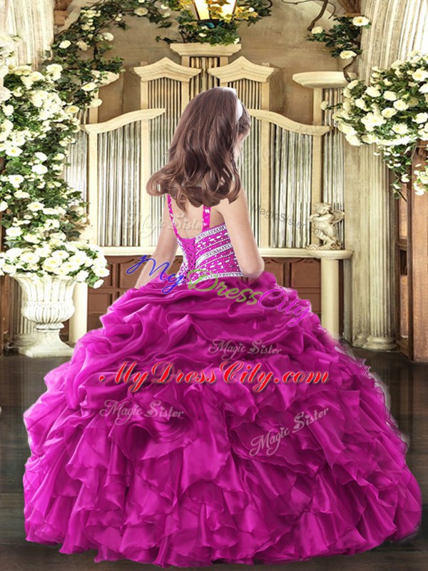 Stunning Organza Straps Sleeveless Lace Up Beading and Ruffles Little Girls Pageant Dress Wholesale in Fuchsia