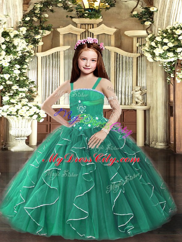 Sleeveless Floor Length Beading and Ruffles Lace Up Custom Made Pageant Dress with Dark Green