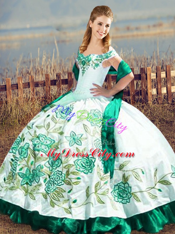 Green Ball Gowns Satin and Organza Off The Shoulder Sleeveless Embroidery and Ruffles Floor Length Lace Up Ball Gown Prom Dress