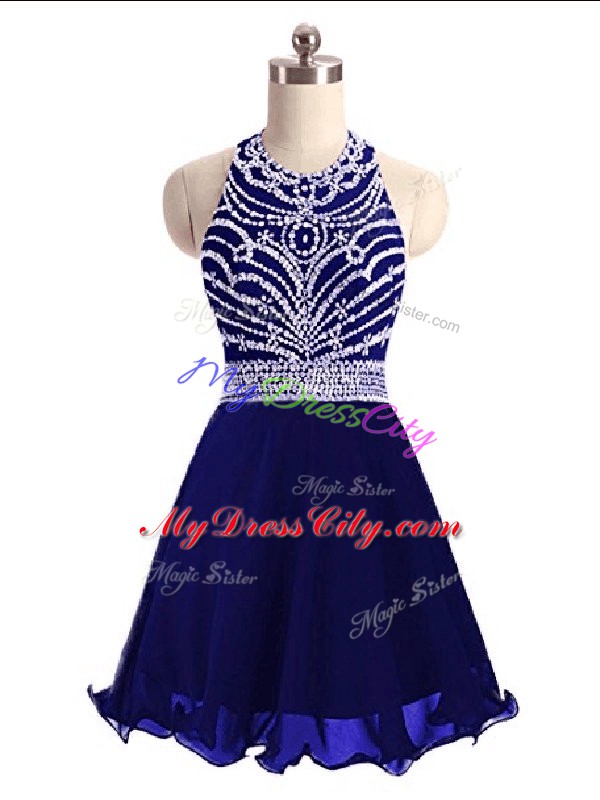 Halter Top Sleeveless Lace Up Dress for Prom Blue Chiffon