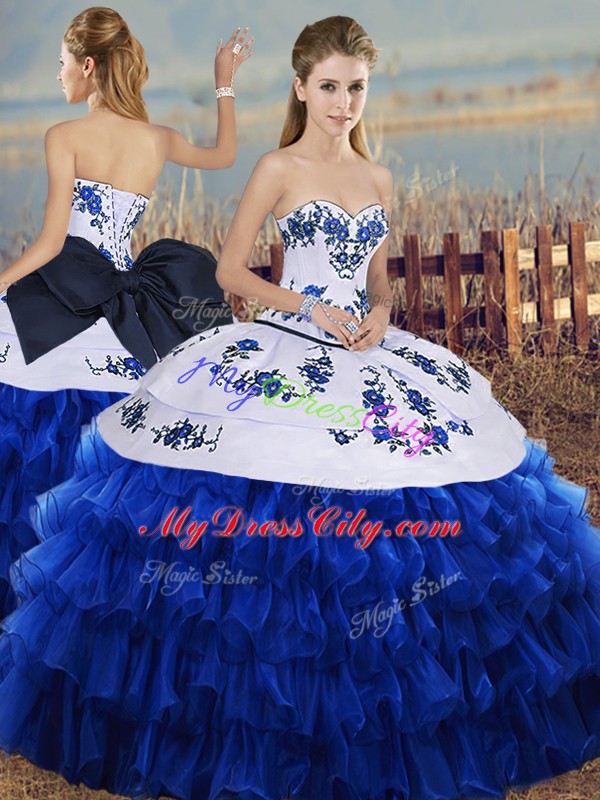 Sleeveless Lace Up Floor Length Embroidery and Ruffled Layers and Bowknot Quinceanera Gowns