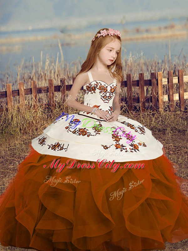 Rust Red Ball Gowns Straps Sleeveless Floor Length Lace Up Embroidery and Ruffles Little Girl Pageant Gowns