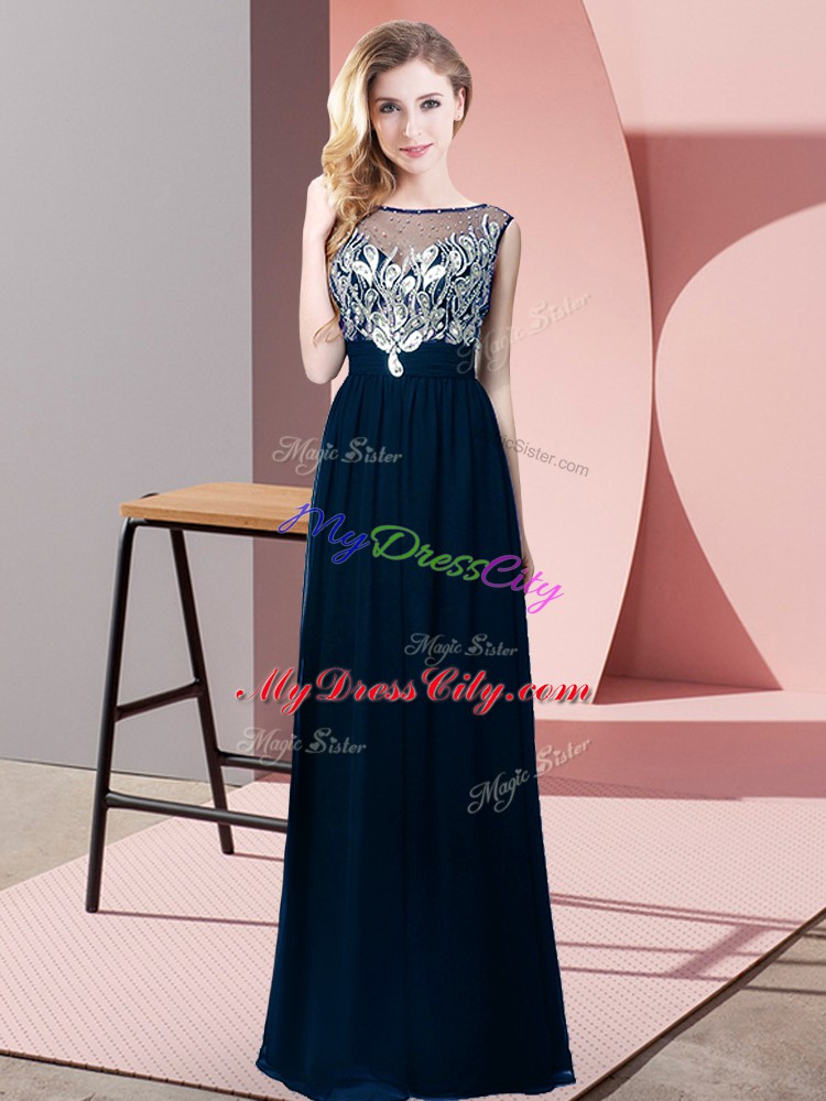 High Quality Empire Evening Dress Navy Blue Scoop Chiffon Sleeveless Floor Length Backless