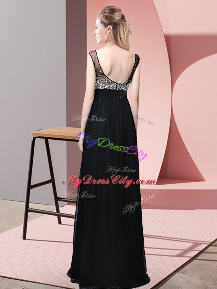 High Quality Empire Evening Dress Navy Blue Scoop Chiffon Sleeveless Floor Length Backless