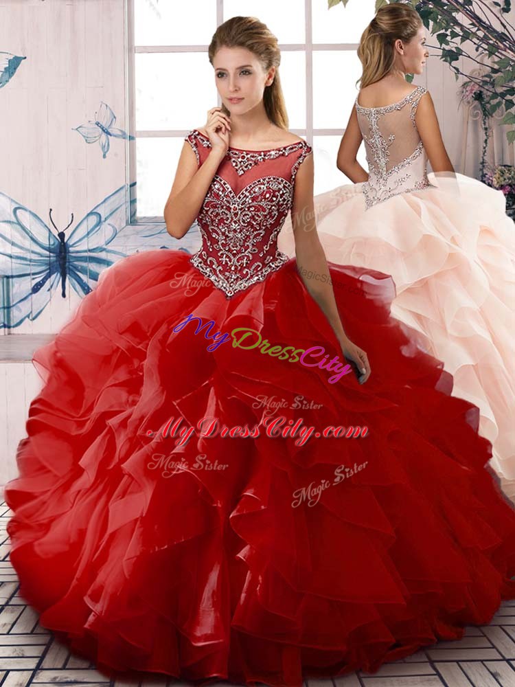 Delicate Scoop Sleeveless Zipper Quince Ball Gowns Red Organza