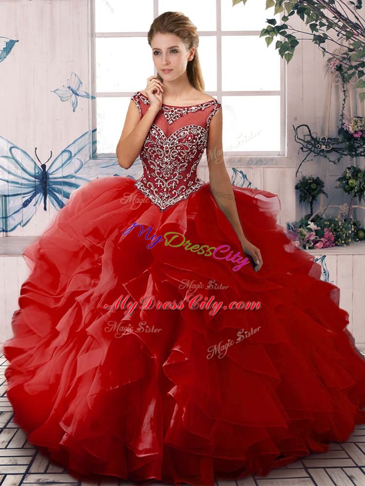 Delicate Scoop Sleeveless Zipper Quince Ball Gowns Red Organza