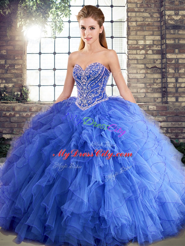 Tulle Sleeveless Floor Length Ball Gown Prom Dress and Beading and Ruffles