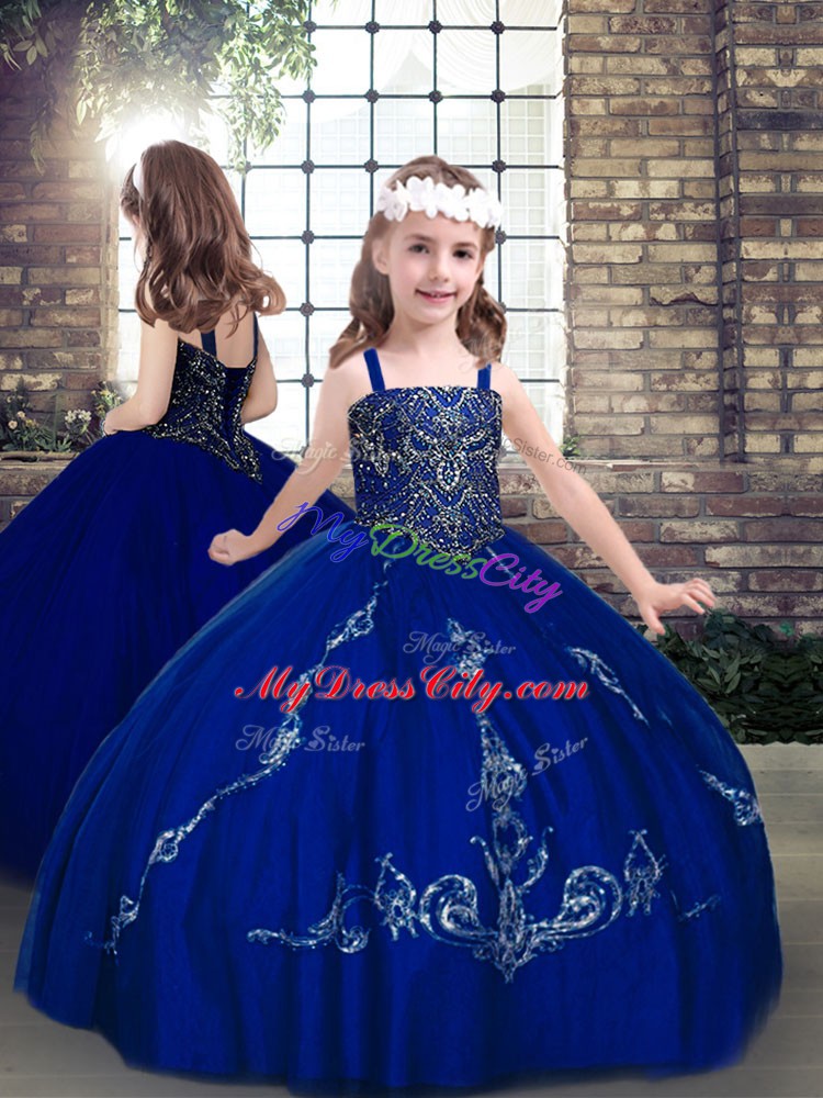 Royal Blue Lace Up Straps Beading Little Girls Pageant Dress Wholesale Lace Sleeveless