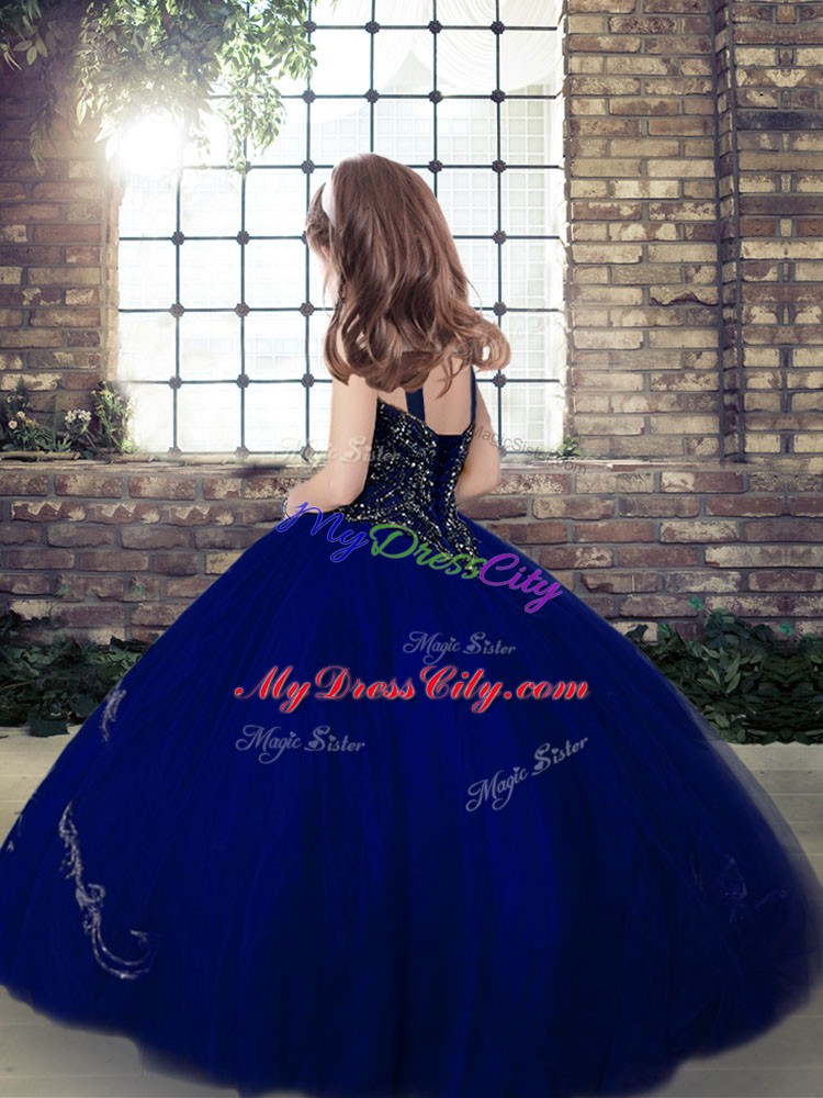 Royal Blue Lace Up Straps Beading Little Girls Pageant Dress Wholesale Lace Sleeveless