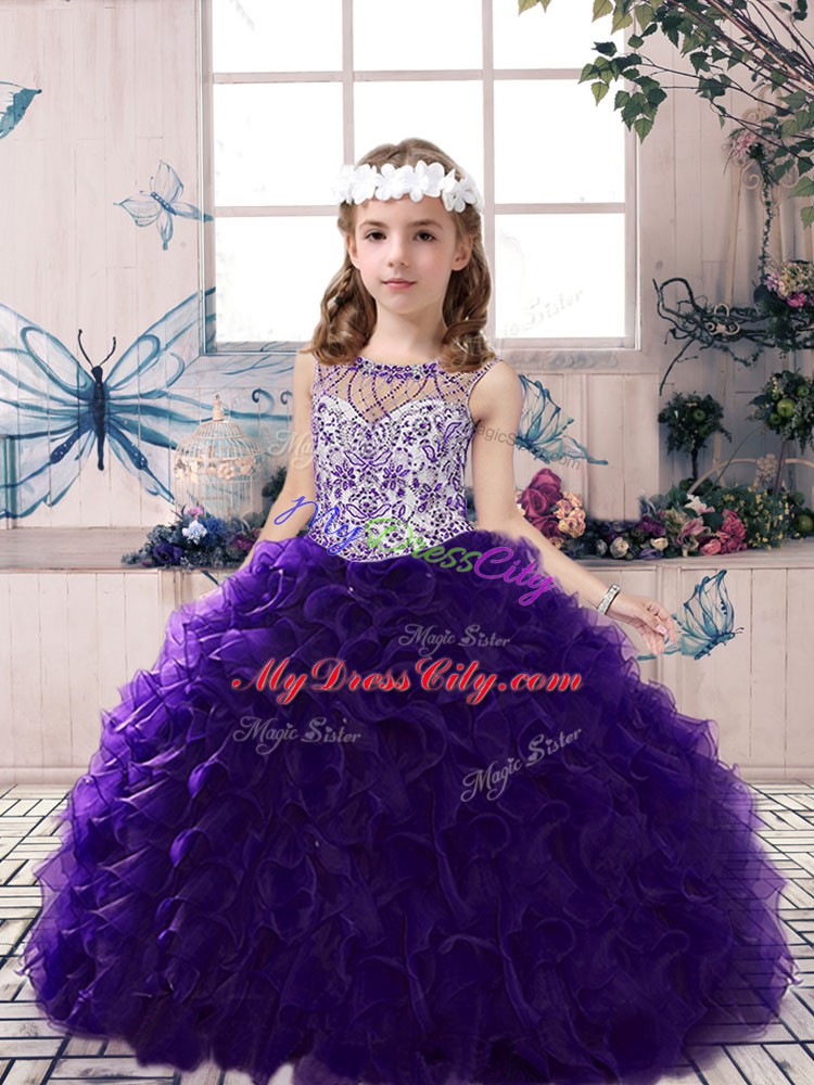 Custom Design Purple Little Girls Pageant Dress Party and Military Ball and Wedding Party with Beading and Ruffles Scoop Sleeveless Lace Up