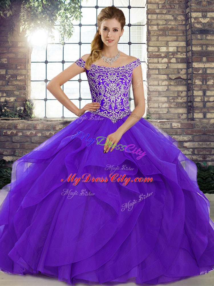 Custom Design Off The Shoulder Sleeveless Tulle Quinceanera Gown Beading and Ruffles Brush Train Lace Up