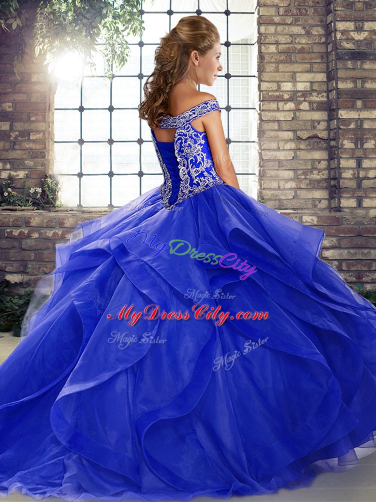 Custom Design Off The Shoulder Sleeveless Tulle Quinceanera Gown Beading and Ruffles Brush Train Lace Up