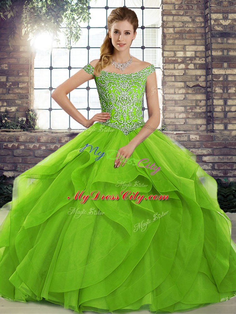 New Style Green Off The Shoulder Lace Up Beading and Ruffles Quinceanera Dresses Brush Train Sleeveless