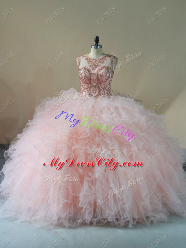 Eye-catching Pink Sleeveless Brush Train Beading and Ruffles Ball Gown Prom Dress