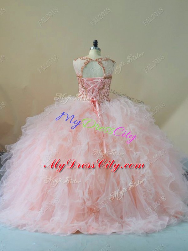 Eye-catching Pink Sleeveless Brush Train Beading and Ruffles Ball Gown Prom Dress