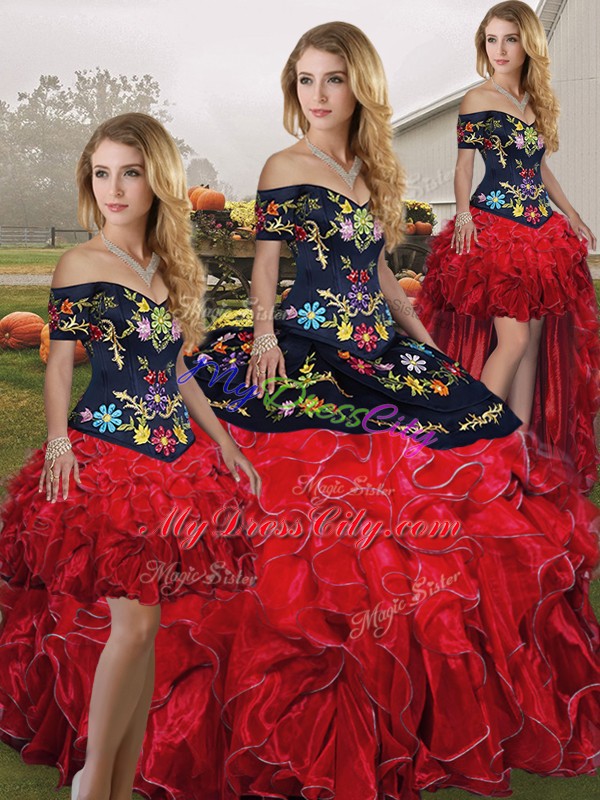 Fashionable Embroidery and Ruffles Quinceanera Gown Red And Black Lace Up Sleeveless Floor Length