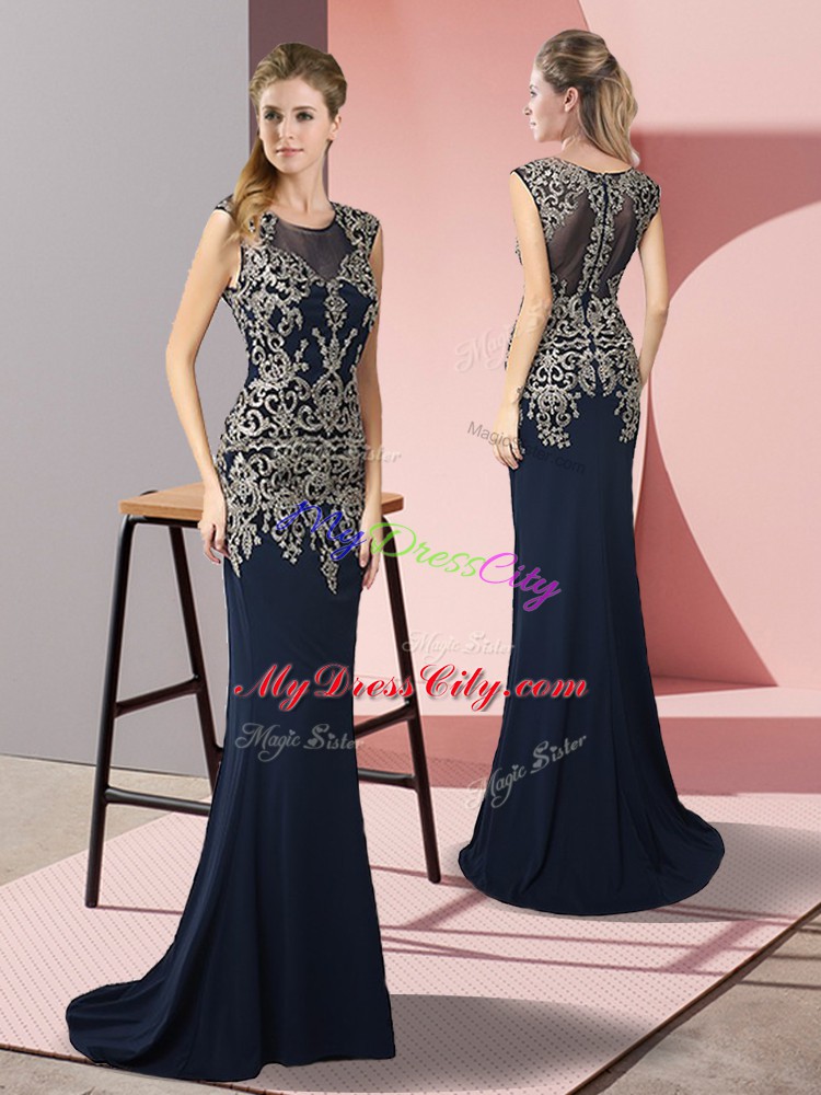 Hot Selling Navy Blue Scoop Neckline Appliques Sleeveless Zipper