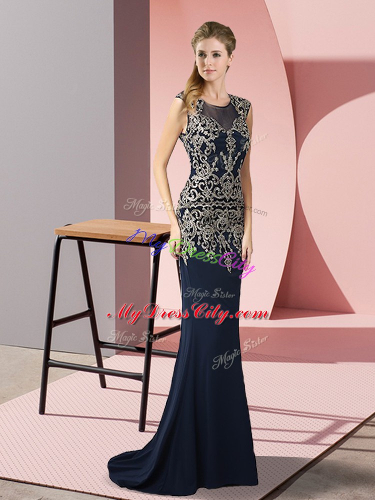 Hot Selling Navy Blue Scoop Neckline Appliques Sleeveless Zipper