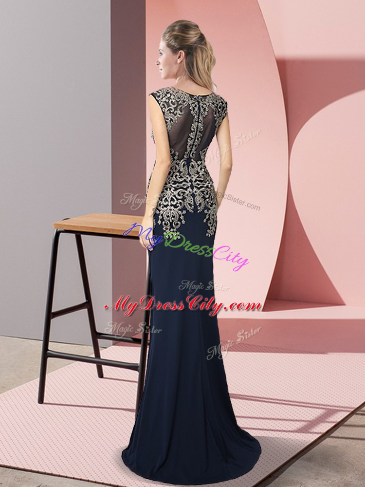 Hot Selling Navy Blue Scoop Neckline Appliques Sleeveless Zipper