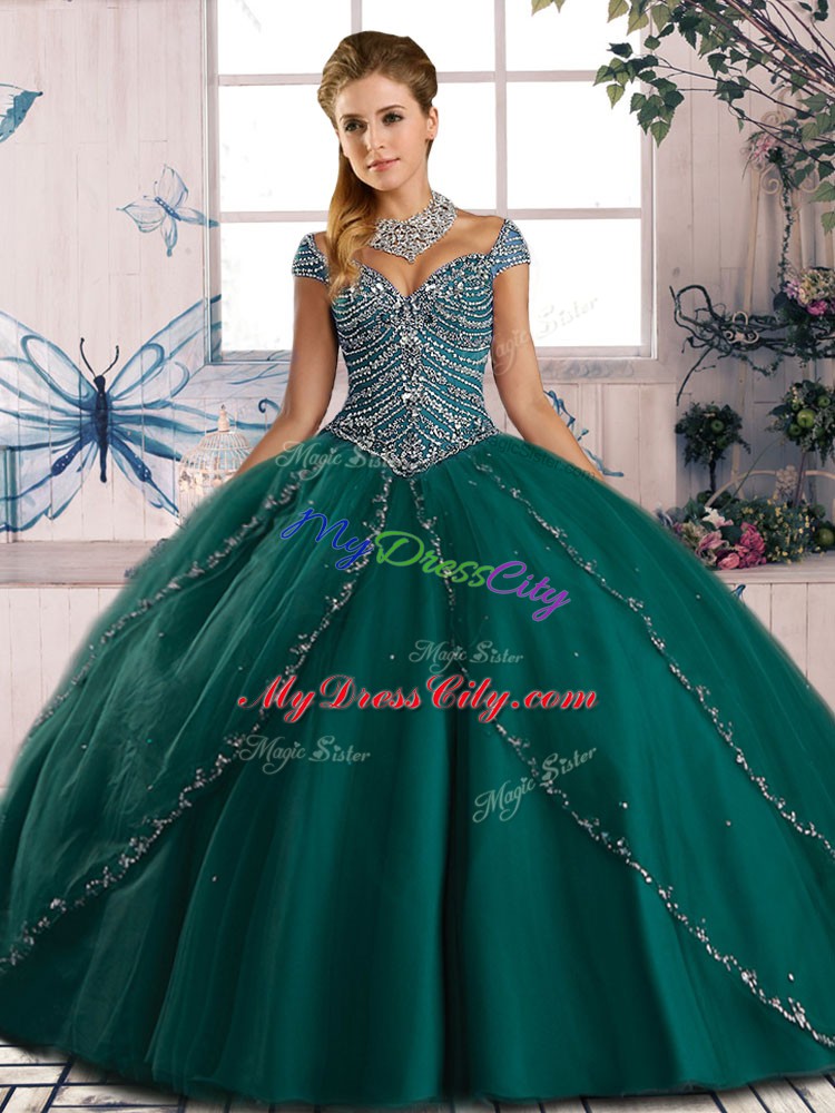 New Style Green Lace Up Sweet 16 Quinceanera Dress Beading Cap Sleeves Brush Train