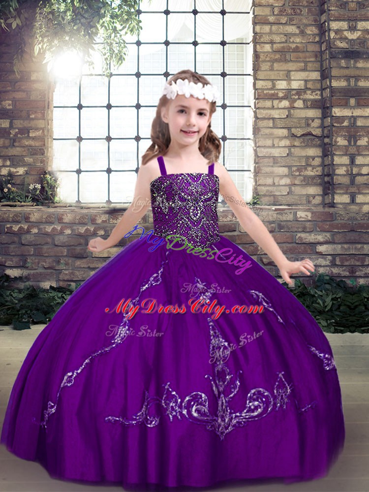 Lovely Tulle Sleeveless Floor Length Little Girls Pageant Gowns and Beading