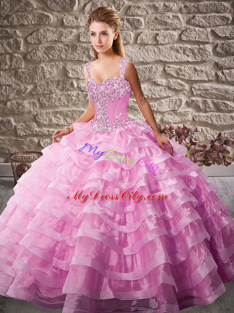 Fantastic Organza Straps Sleeveless Court Train Lace Up Beading and Ruffled Layers Vestidos de Quinceanera in Pink