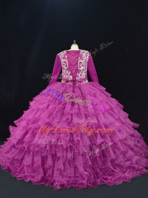 Classical Ball Gowns Sweet 16 Dress Purple V-neck Organza Long Sleeves Floor Length Lace Up