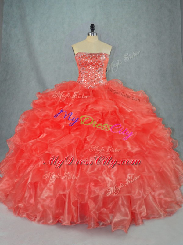 High Quality Red Organza Lace Up Strapless Sleeveless Floor Length 15 Quinceanera Dress Beading and Ruffles